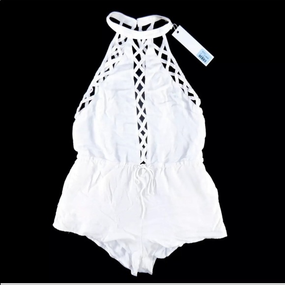 NWT LF Millau Caged Ladder White Drawstring Linen Beach Romper - Picture 9 of 10